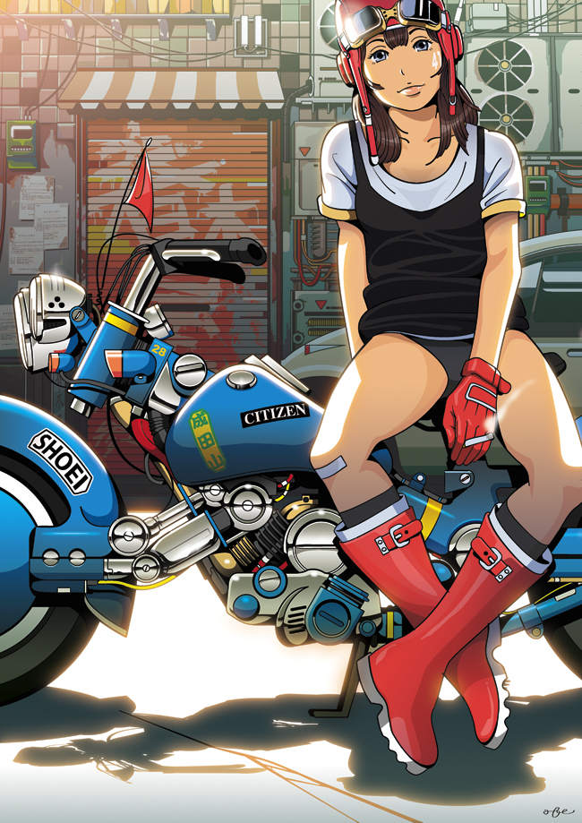 1girl, akira, bandaid, blue_eyes, boots, brown_hair, cigarette, gloves