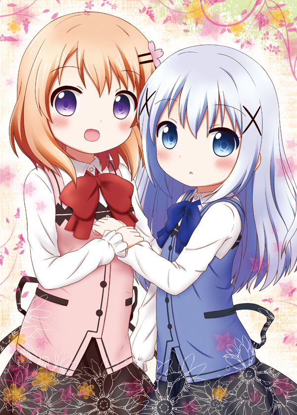 2girls, :d, aoba_(kona), blue_eyes, blue_hair, bow, bowtie, brown_hair