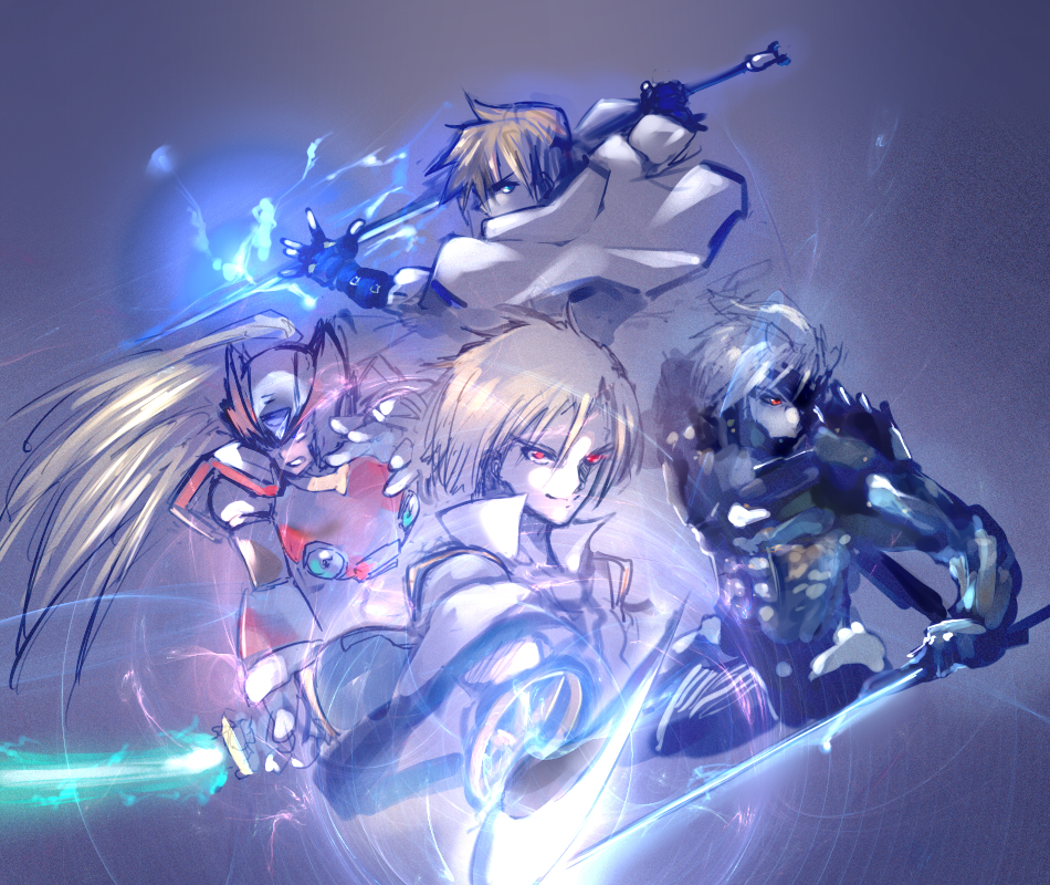4boys, armor, blonde_hair, crossover, cyborg, eyepatch, gloves, guilty_gear