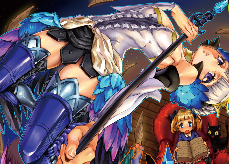 2girls, :o, alice_(odin_sphere), arm_warmers, armor, armored_dress, black_bow, blonde_hair