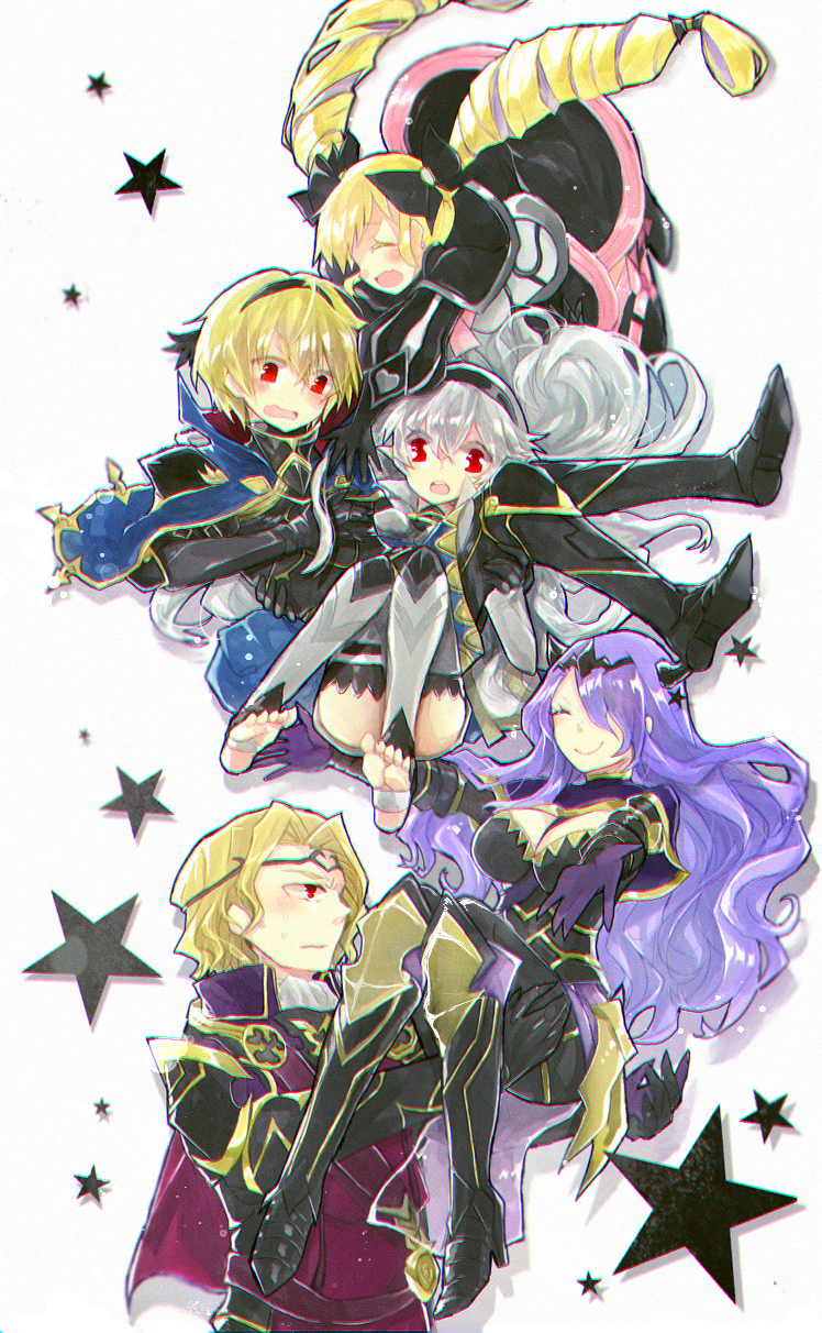 armor, blonde_hair, breasts, camilla_(fire_emblem_if), cleavage, closed_eyes, dress, elise_(fire_emblem_if)
