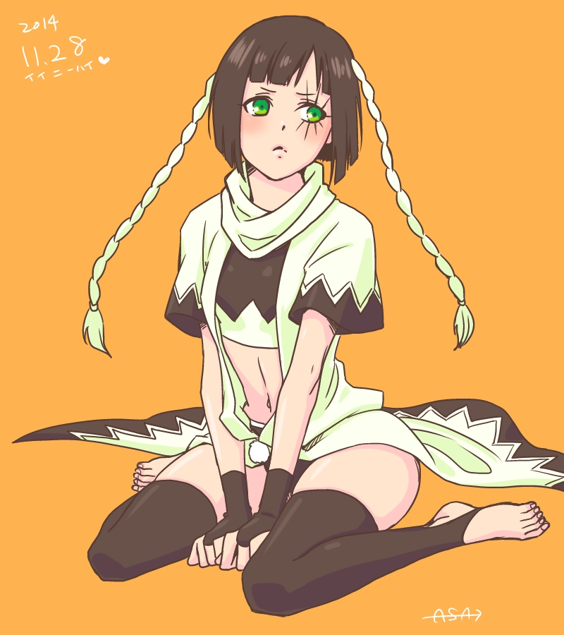 black_hair, bob_cut, braid, crop_top, dated, facial_mark, fingerless_gloves, frown, fukai_(yas_lions), gloves, green_eyes, jojo_no_kimyou_na_bouken, midriff, multicolored_hair, purple_haze_feedback, sheila_e, signature, sitting, thigh-highs, twin_braids, two-tone_hair, wariza, white_hair