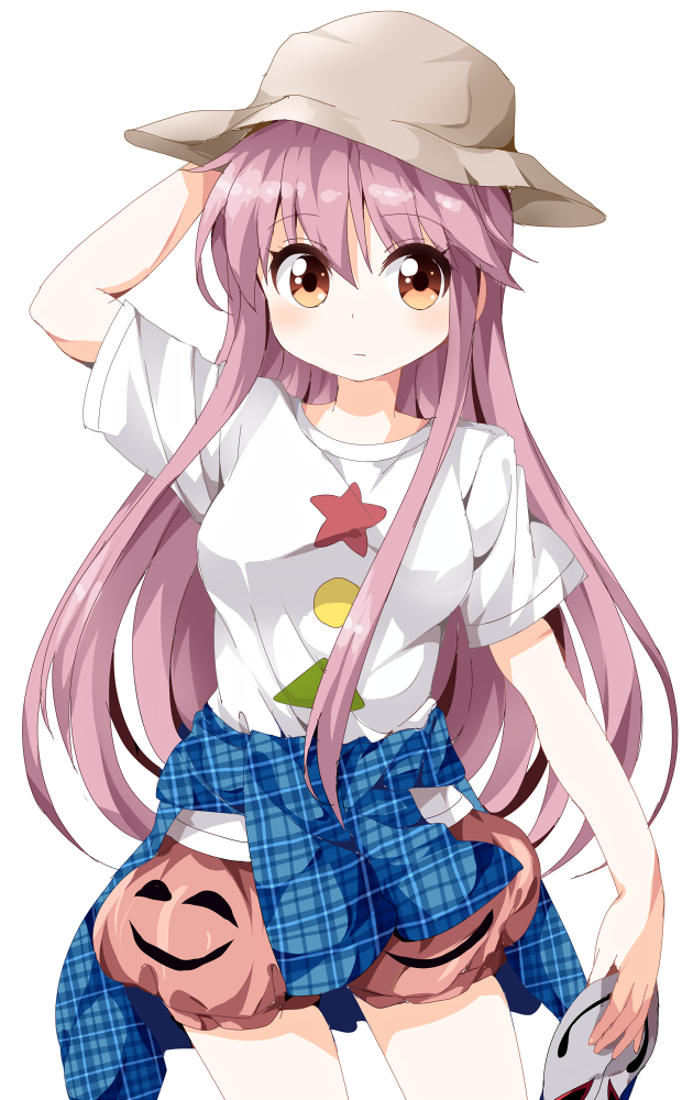 1girl, adapted_costume, bangs, breasts, brown_eyes, clothes_around_waist, expressionless, hand_on_headwear, hat, hata_no_kokoro, holding_mask, long_hair, looking_at_viewer, mask, rakugakiyarou, shapes, shirt_around_waist, short_shorts, shorts, simple_background, solo, t-shirt, touhou, very_long_hair, white_background