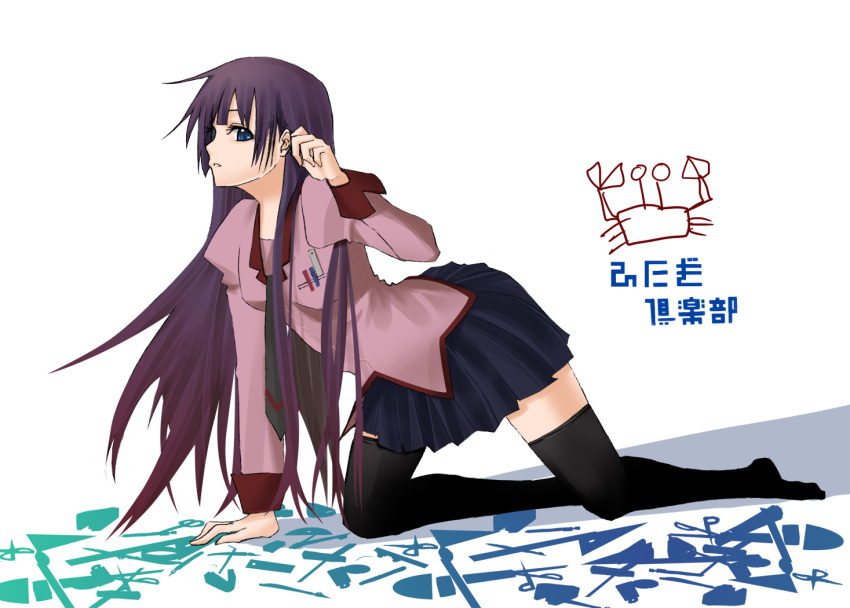 blue_eyes, long_hair, mine, monogatari_(series), necktie, purple_hair, school_uniform, senjougahara_hitagi