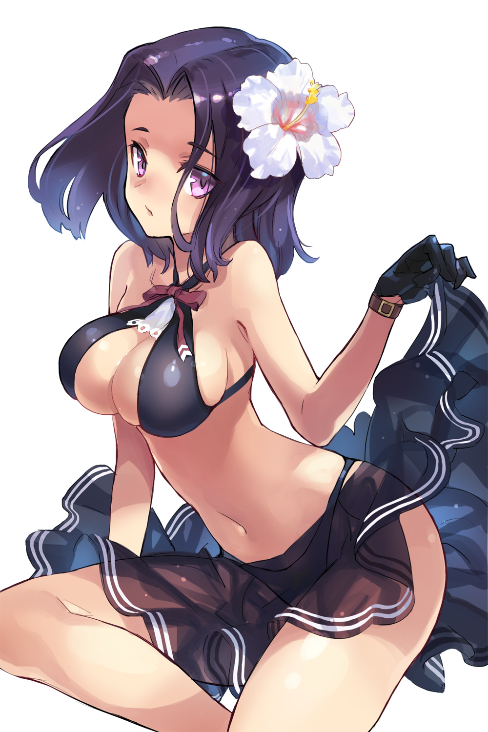 1girl, bikini, black_hair, dakuro, flower, gloves, hair_flower, hair_ornament