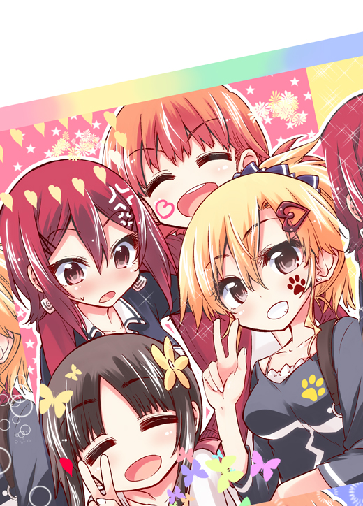 4girls, ^_^, ^o^, anger_vein, black_shirt, blonde_hair, blush, brown_hair