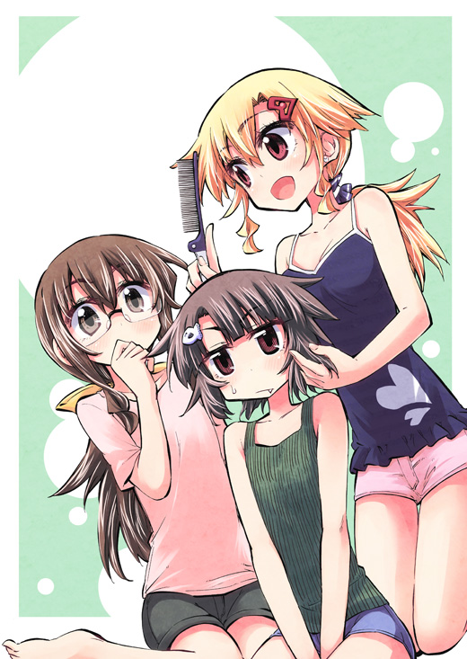 3girls, black_hair, blonde_hair, blush, brown_eyes, brown_hair, camisole, comb