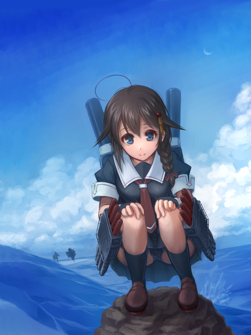 1girl, ahoge, black_hair, blue_eyes, braid, hair_flaps, hair_ornament, hair_ribbon