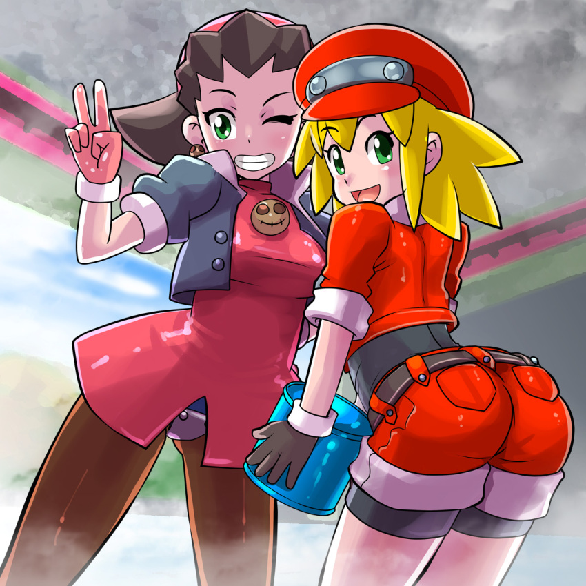 2girls, ass, blonde_hair, looking_at_viewer, rockman, roll_casket, smile, tagme, tron_bonne