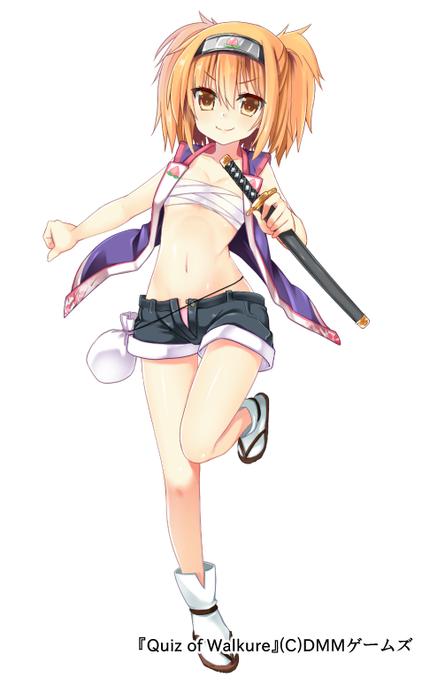 1girl, brown_eyes, brown_hair, dodome-iro_mayonnaise, official_art, original, quiz_of_walkure, short_hair, shorts, solo, weapon