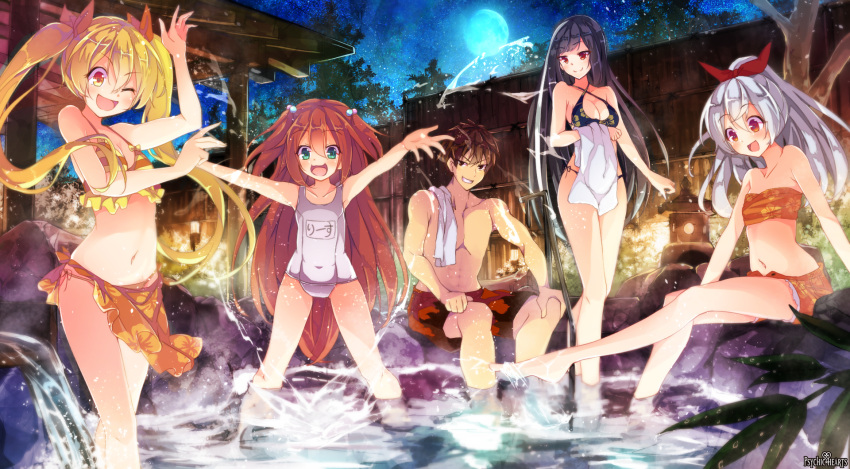 1boy, 4girls, bikini, black_hair, blonde_hair, blue_eyes, brown_hair, character_request