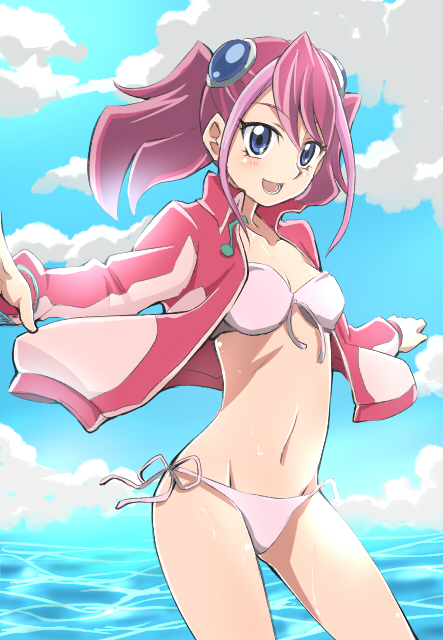 1girl, :d, bikini, bikini_bottom, bikini_top, blue_eyes, hiiragi_yuzu, hijiri-tukasa