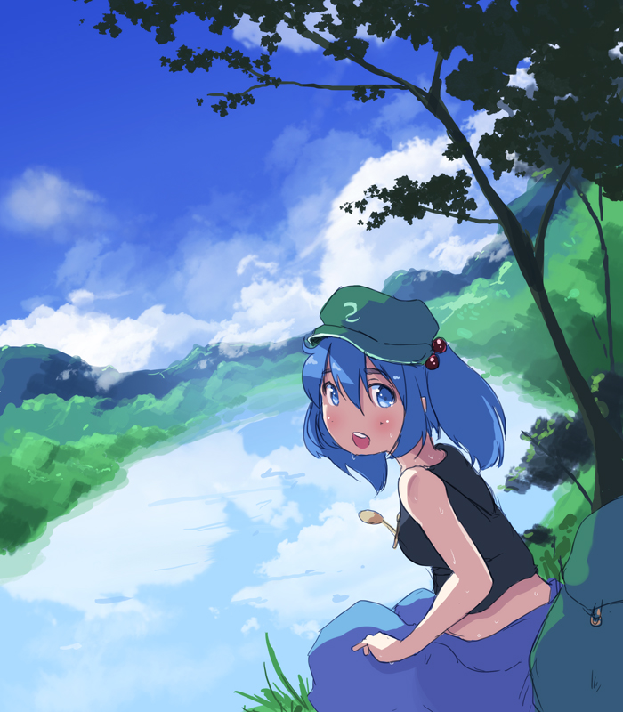 1girl, backpack, bag, bare_shoulders, blue_eyes, blue_hair, blue_sky, blush