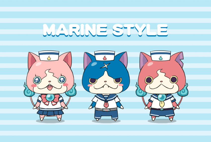 blue_skirt, blush_stickers, cat, chuno, english, fangs, full_body, fuyunyan