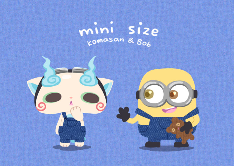 blue_background, bob_(despicable_me), chuno, crossover, despicable_me, full_body, gloves, goggles, goggles_on_head, heterochromia, koma-san, minion_(despicable_me), no_humans, open_mouth, overalls, standing, triangle_mouth, youkai, youkai_watch