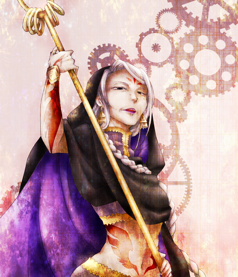 1girl, braid, cape, facial_mark, grey_hair, jewelry, lipstic, long_hair