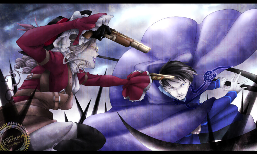 1boy, 1girl, at_gunpoint, blonde_hair, cloak, drill_hair, facial_hair, gun
