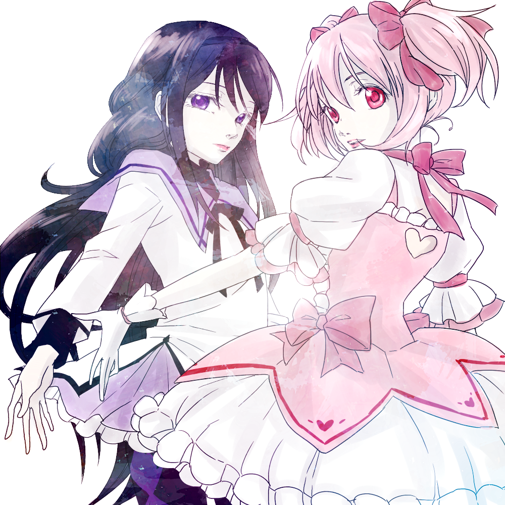 2girls, akemi_homura, black_hair, gloves, hair_ribbon, kaname_madoka, looking_at_viewer, mahou_shoujo_madoka_magica