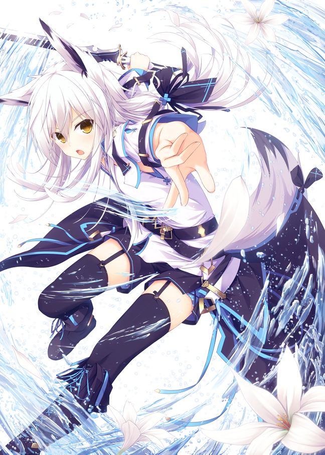 1girl, animal_ears, belt, fighting_stance, flower, fox_ears, fox_tail, garter_straps