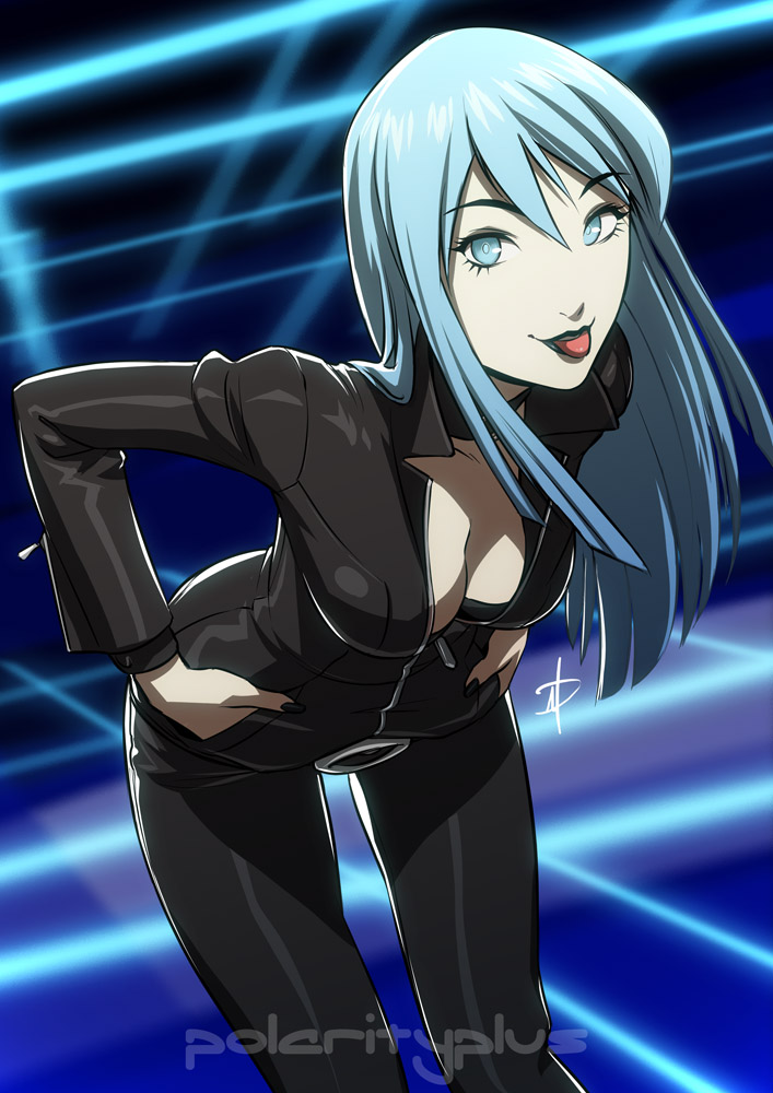 1girl, :p, bent_over, black_lipstick, blue_eyes, blue_hair, breasts, center_opening