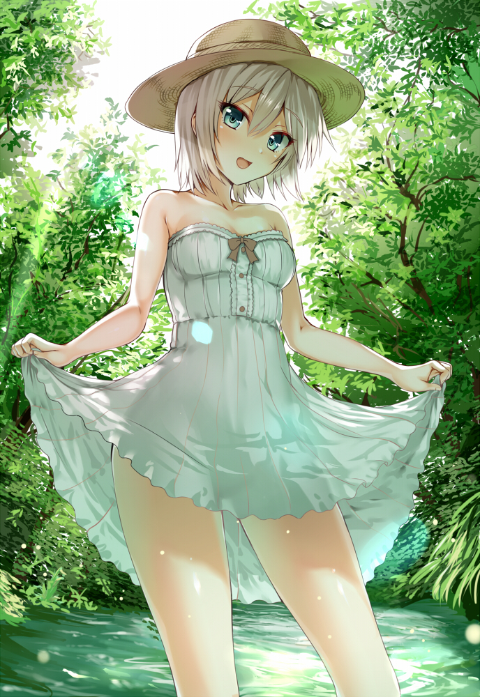 1girl, anastasia_(idolmaster), arudehido, bare_shoulders, blue_eyes, blush, dress, hat