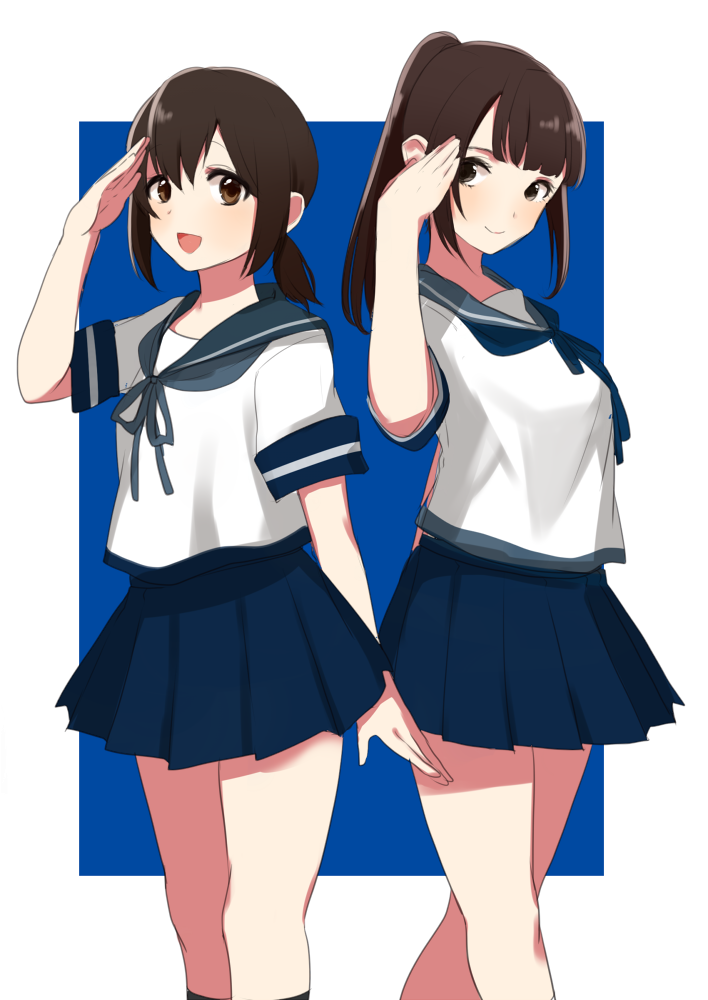 2girls, black_hair, cosplay, fubuki_(kantai_collection), fubuki_(kantai_collection)_(cosplay), kantai_collection, long_hair, looking_at_viewer, multiple_girls, neckerchief, ponytail, real_life, salute, school_uniform, seiyuu_connection, serafuku, sinsihukunokonaka, skirt, smile, uesaka_sumire
