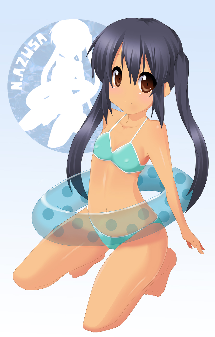 bikini, black_hair, brown_eyes, ekakibito, erect_nipples, flat_chest, floating_tire, innertube