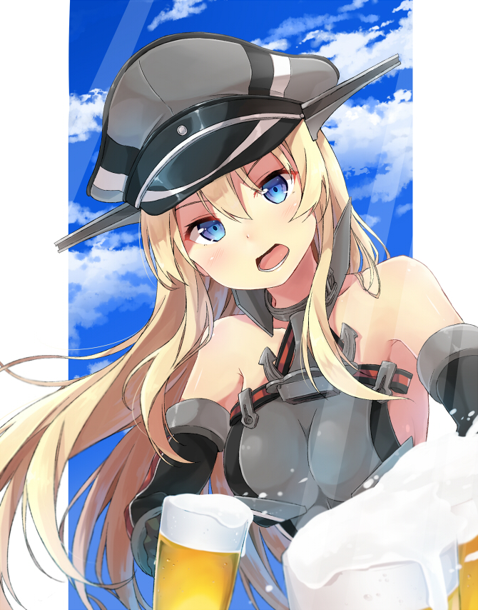 1girl, bare_shoulders, beer_mug, bismarck_(kantai_collection), blonde_hair, blue_eyes, blush, breasts