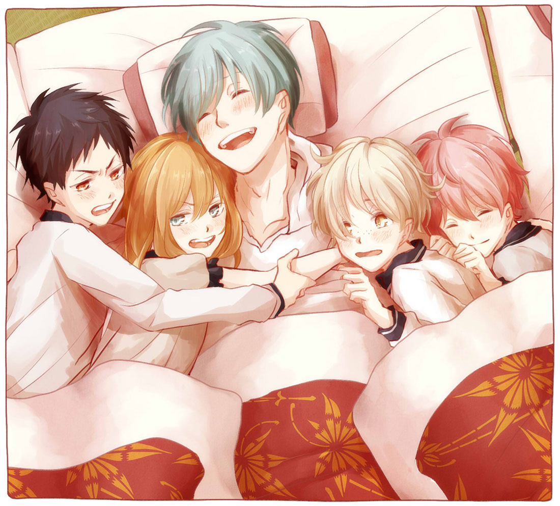 5boys, ^_^, akita_toushirou, atsushi_toushirou, black_hair, blonde_hair, blue_eyes, blue_hair