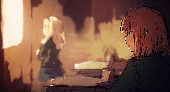 2girls, aleksandra_i_pokryshkin, blonde_hair, blue_skirt, blurry, coffee, cup, depth_of_field