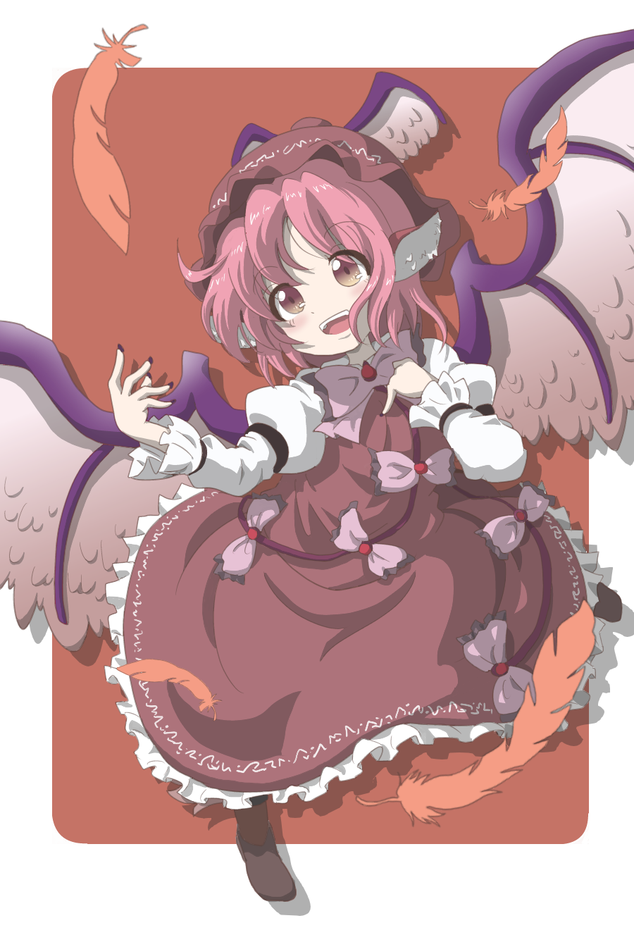 1girl, :d, animal_ears, bird_wings, brown_eyes, dress, feathers, frilled_dress