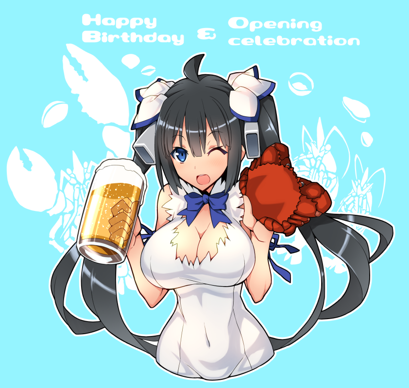 1girl, ;d, alcohol, beer, beer_mug, black_hair, blue_background, blue_eyes, breasts, cleavage, covered_navel, crab, dungeon_ni_deai_wo_motomeru_no_wa_machigatteiru_darou_ka, hair_ribbon, happy_birthday, hestia_(danmachi), long_hair, looking_at_viewer, one_eye_closed, open_mouth, ribbon, sin6, smile, solo, twintails