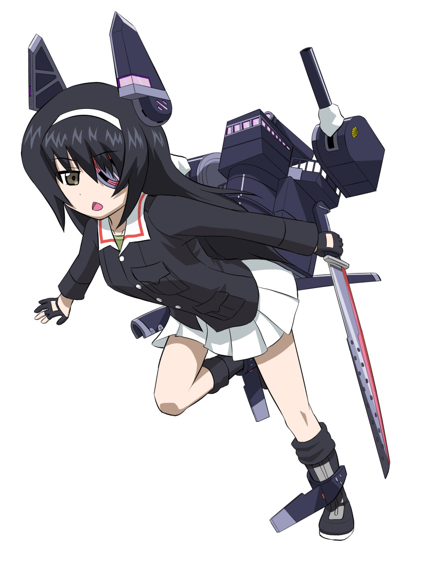 1girl, blush, boots, breasts, cannon, cardigan, eyepatch, fingerless_gloves