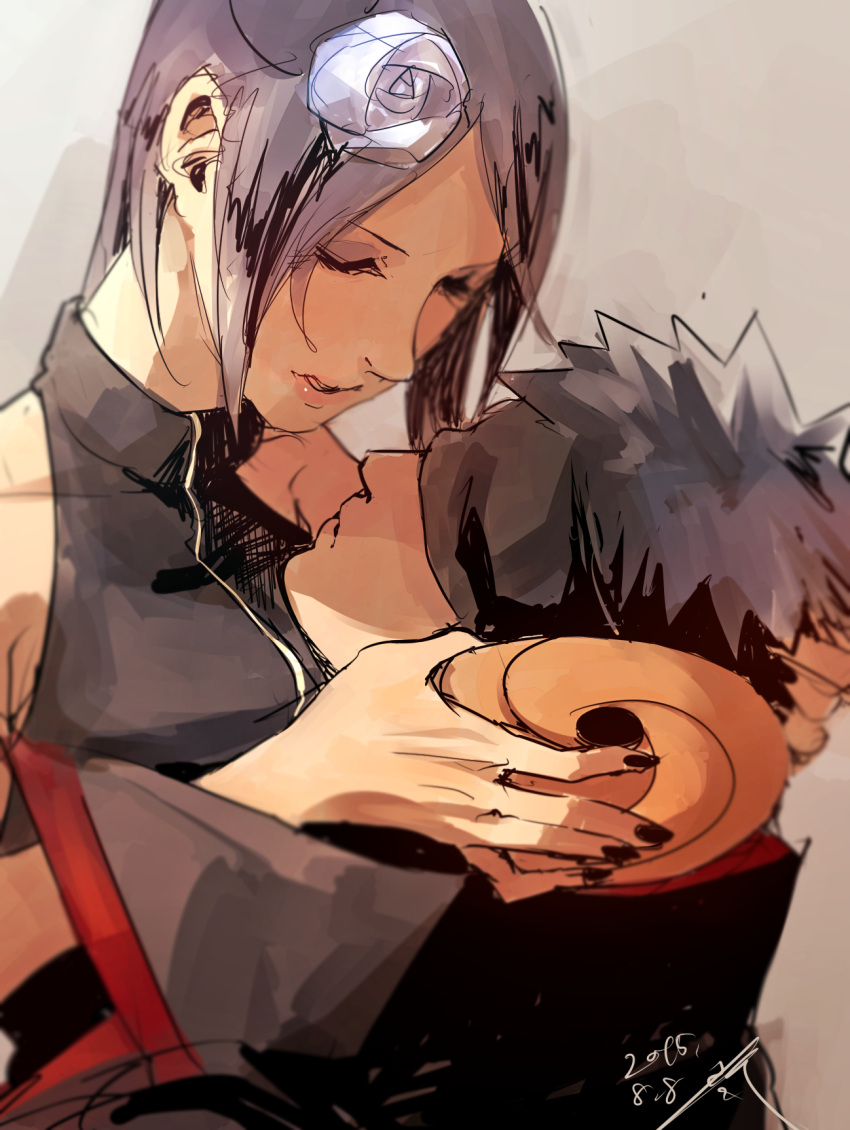 1boy, 1girl, akatsuki_(naruto), black_hair, blindfold, flower, hair_flower, hair_ornament