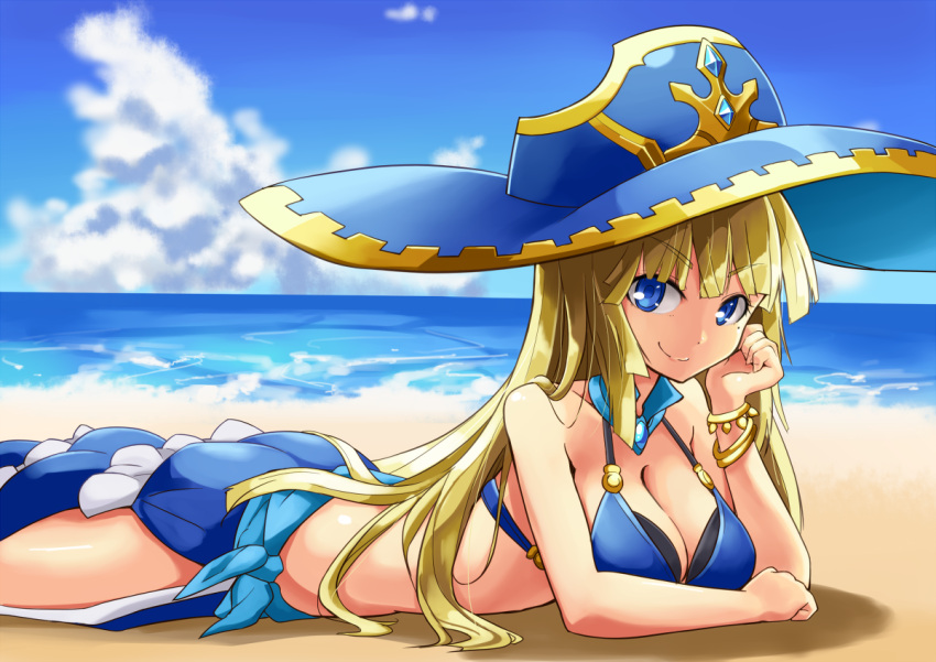 1girl, awilda_(p&amp;d), beach, bikini, blonde_hair, blue_bikini, blue_eyes, breasts, cleavage, clouds, hat, long_hair, memento_vivi, mole, ocean, puzzle_&amp;_dragons, solo, swimsuit, water