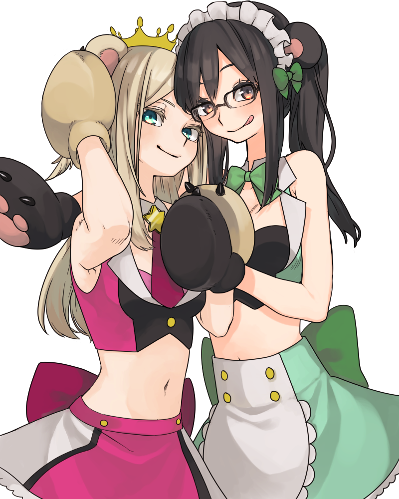 2girls, animal_ears, bear_ears, bear_paws, black_hair, blonde_hair, cosplay, crown