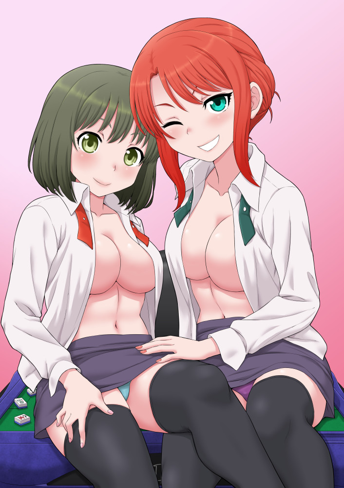 2girls, black_hair, black_legwear, board_game, gachon_jirou, long_hair, mahjong, mahjong_tile