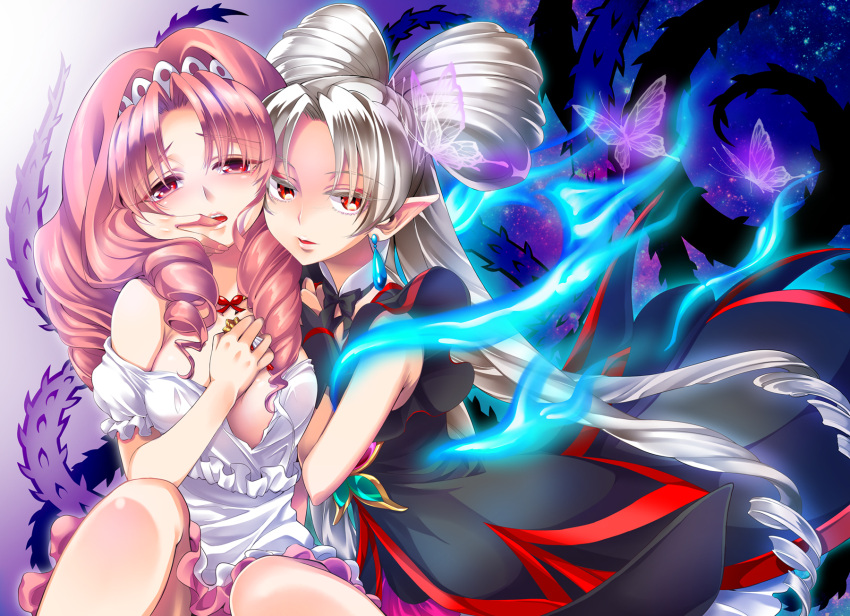 2girls, akagi_towa, breasts, butterfly, detached_collar, dress, drill_hair, earrings