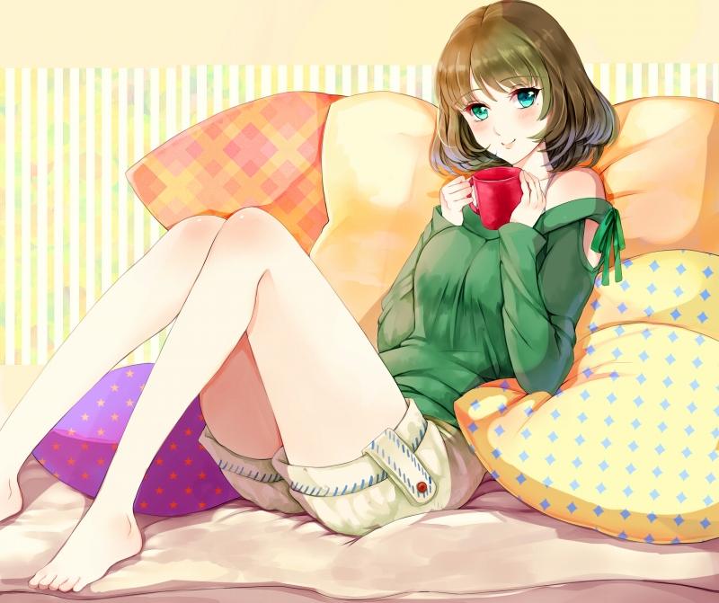 1girl, barefoot, blue_eyes, brown_hair, cup, green_eyes, heterochromia, idolmaster