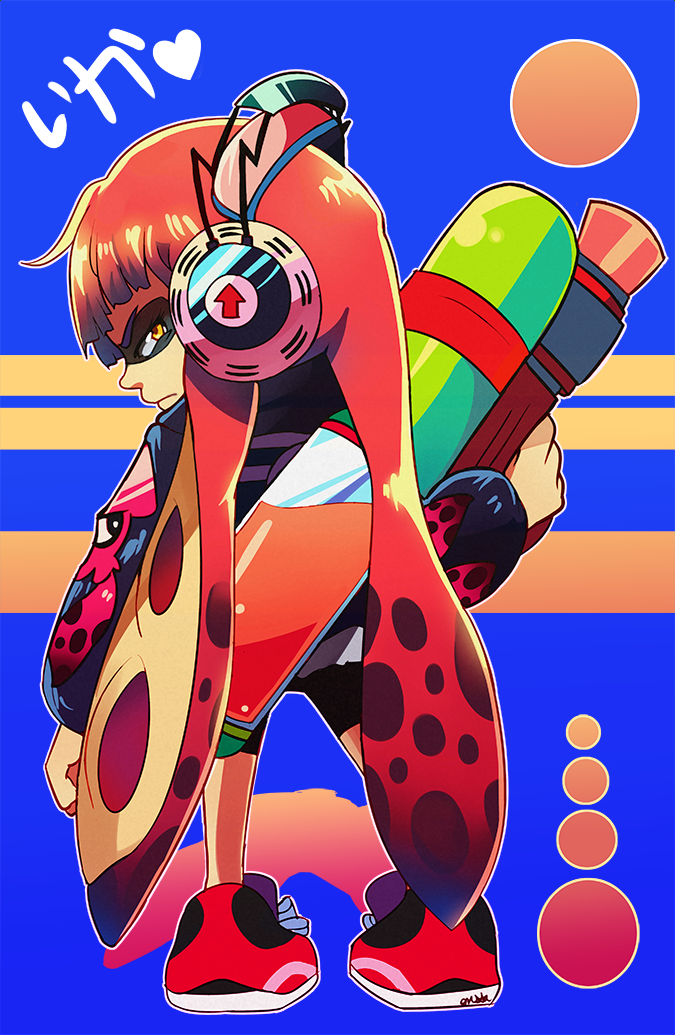 1girl, bike_shorts, domino_mask, headphones, inkling, jacket, long_hair, looking_at_viewer