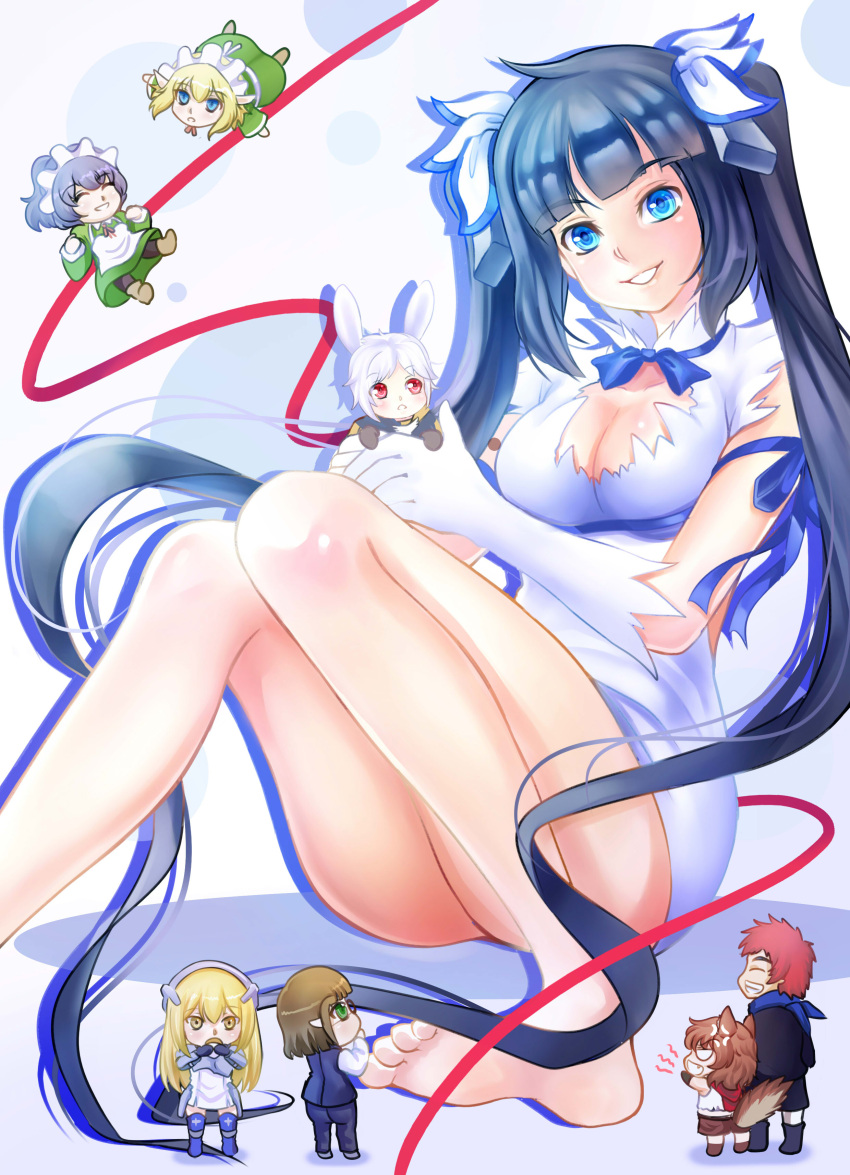 2boys, 6+girls, absurdres, aiz_wallenstein, animal_ears, barefoot, bell_cranel, black_hair