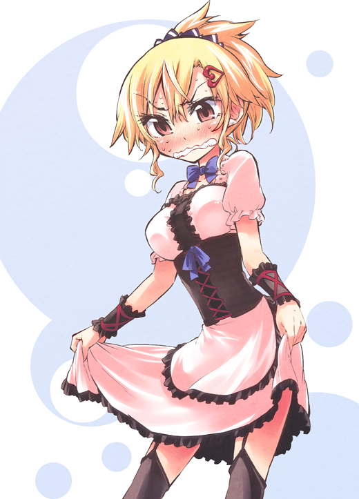 1girl, blonde_hair, blush, bowtie, breasts, corset, disgust, dress
