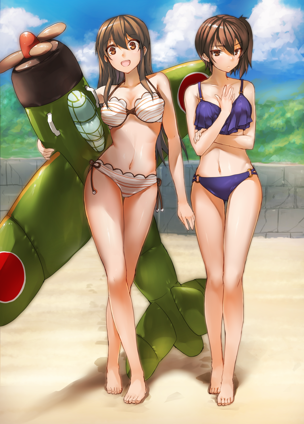 2girls, airplane, akagi_(kantai_collection), beach, bikini, breasts, brown_eyes, brown_hair, highres, kaga_(kantai_collection), kantai_collection, long_hair, magu_(mugsfc), multiple_girls, open_mouth, short_hair, side_ponytail, swimsuit