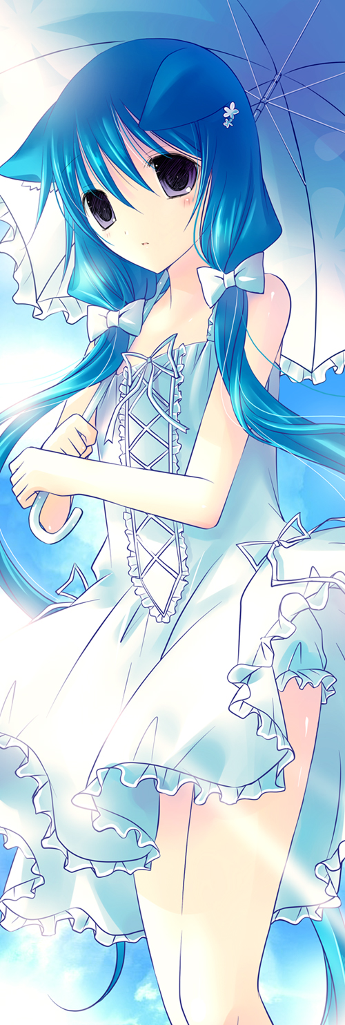 animal_ears, bad_id, bare_shoulders, blue_hair, bow, dress, hair_bow, highres, long_hair, nicolla, princess_(7th_dragon), purple_eyes, umbrella, vanilla_(nicolla), very_long_hair, violet_eyes, white_dress