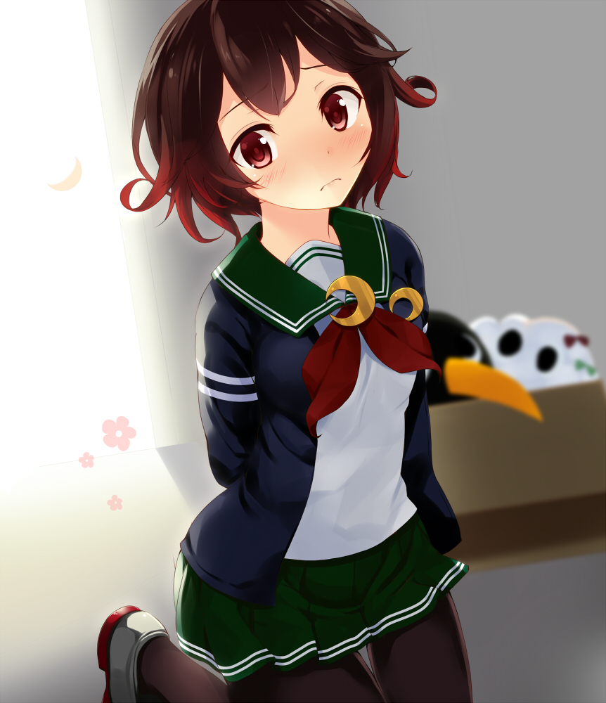 1girl, arms_behind_back, black_legwear, blush, brown_hair, crescent_moon, kantai_collection, komone_ushio