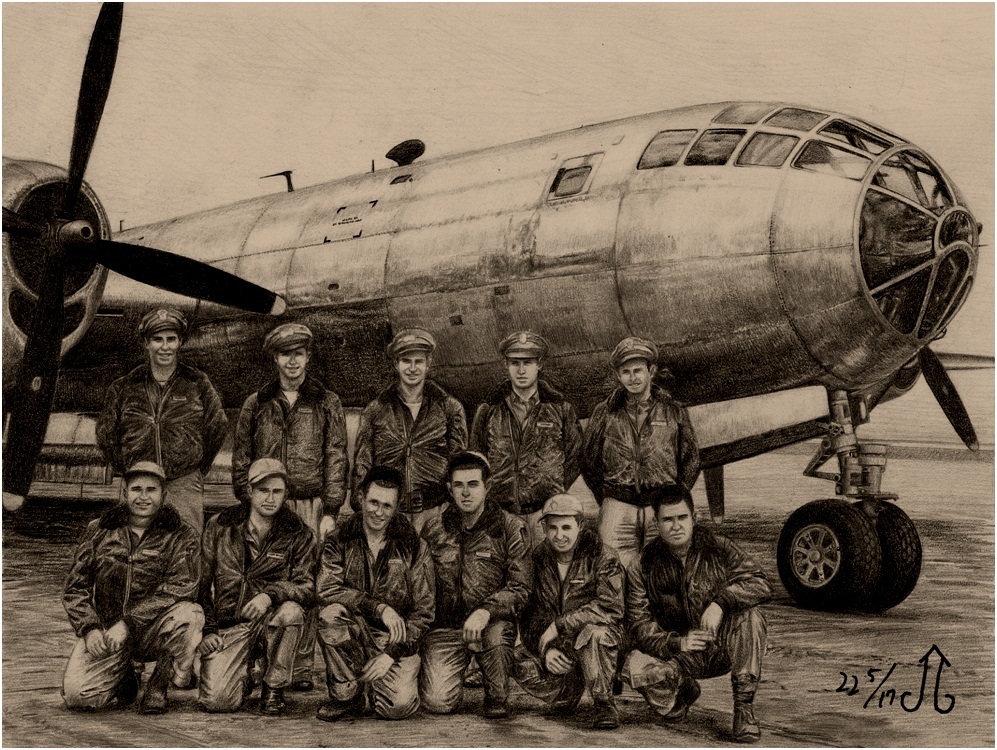 airplane, b-29, military, military_uniform, military_vehicle, multiple_boys, sketch, smile