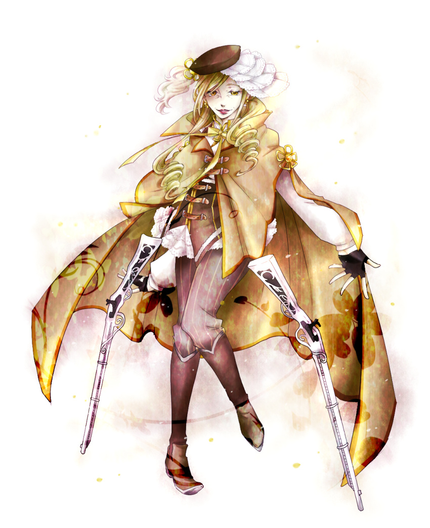1girl, adapted_costume, adult, beret, blonde_hair, drill_hair, gun, hat, highres, lipstick, looking_at_viewer, mahou_shoujo_madoka_magica, makeup, musket, old_woman, pants, sanctuary-of-apricot, smile, solo, tomoe_mami, twin_drills, weapon, yellow_eyes