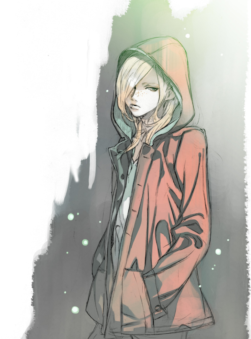 1boy, annoyed, anpan-nu, ash_crimson, blonde_hair, green_eyes, hair_over_one_eye, hands_in_pockets, highres, hood, king_of_fighters, long_hair, otoko_no_ko, solo