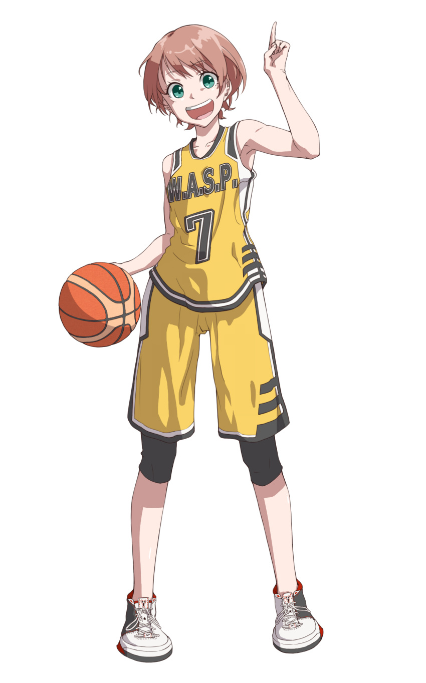 1girl, akahane_daisuke, basketball_uniform, brown_hair, green_eyes, highres, index_finger_raised, looking_at_viewer