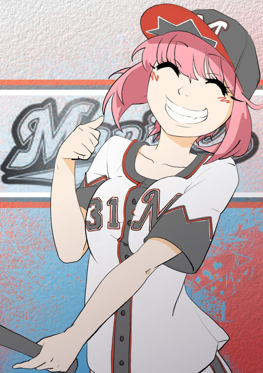 1girl, ^_^, akahane_daisuke, baseball_bat, baseball_uniform, blush, closed_eyes, grin, highres, original, pink_hair, short_hair, smile, solo, sportswear, thumbs_up